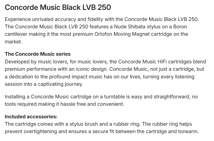 [🎶SG] ORTOFON Concorde Music Black LVB 250 - Turntable Cartridge MM / Nude Shibata stylus on a Boron cantilever - Image 2